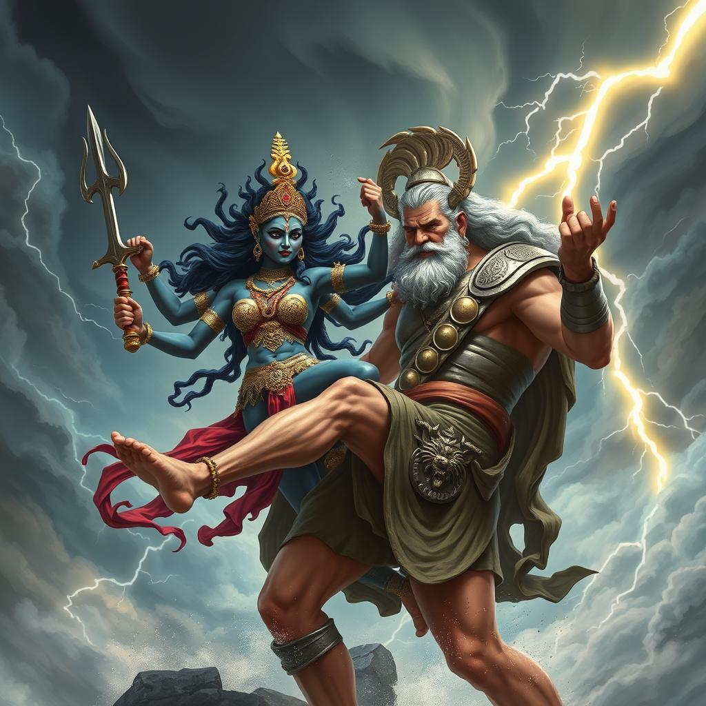 An epic showdown featuring Goddess Kali and Zeus, set in a dramatic stormy sky