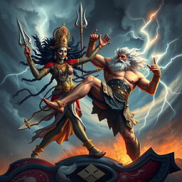 An epic showdown featuring Goddess Kali and Zeus, set in a dramatic stormy sky