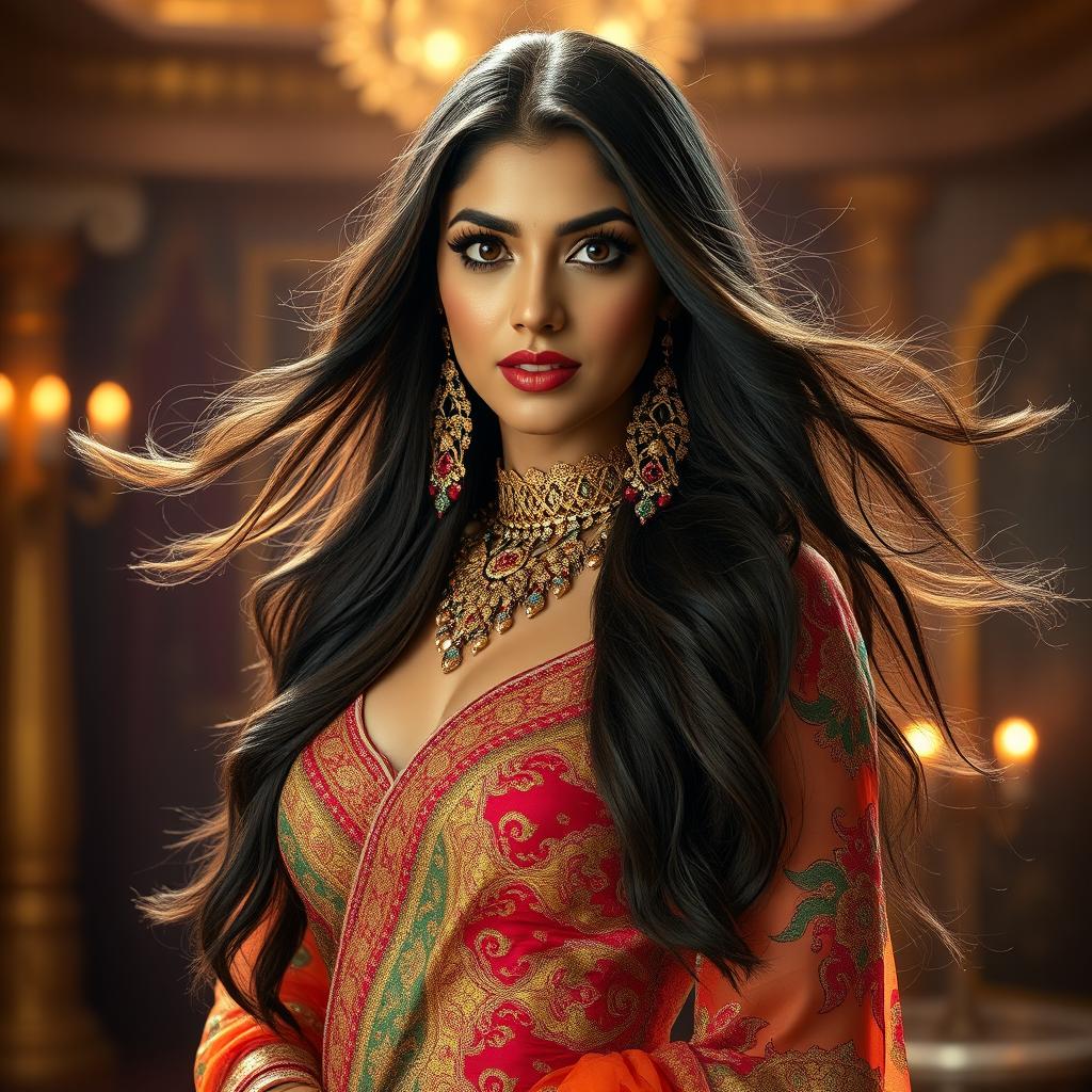 A stunning portrait of an exotic Indian actress with long flowing hair, wearing a glamorous, intricately designed traditional outfit with vibrant colors and detailed patterns