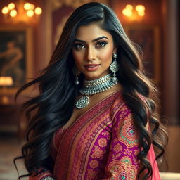 A stunning portrait of an exotic Indian actress with long flowing hair, wearing a glamorous, intricately designed traditional outfit with vibrant colors and detailed patterns