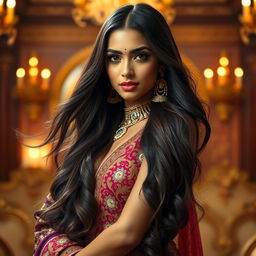 A stunning portrait of an exotic Indian actress with long flowing hair, wearing a glamorous, intricately designed traditional outfit with vibrant colors and detailed patterns