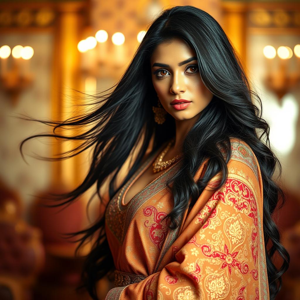 A stunning portrait of an exotic Indian actress with long flowing hair, wearing a glamorous, intricately designed traditional outfit with vibrant colors and detailed patterns