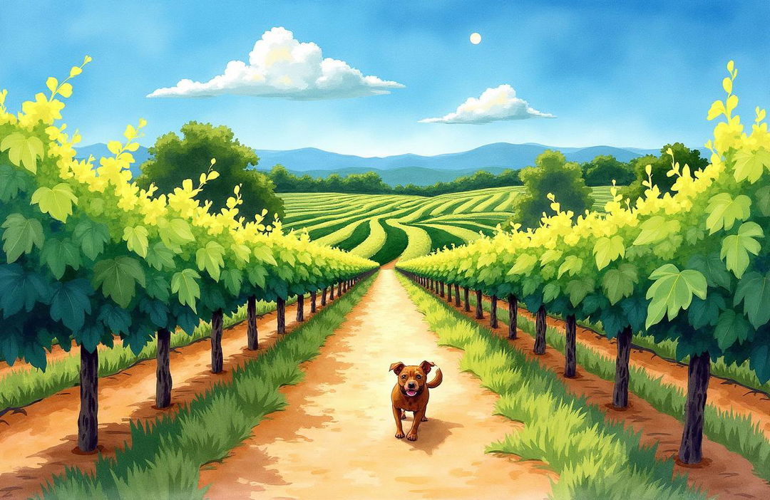 A vibrant watercolor painting showcasing a picturesque vineyard under a clear blue sky, with lush green grapevines stretching across the landscape