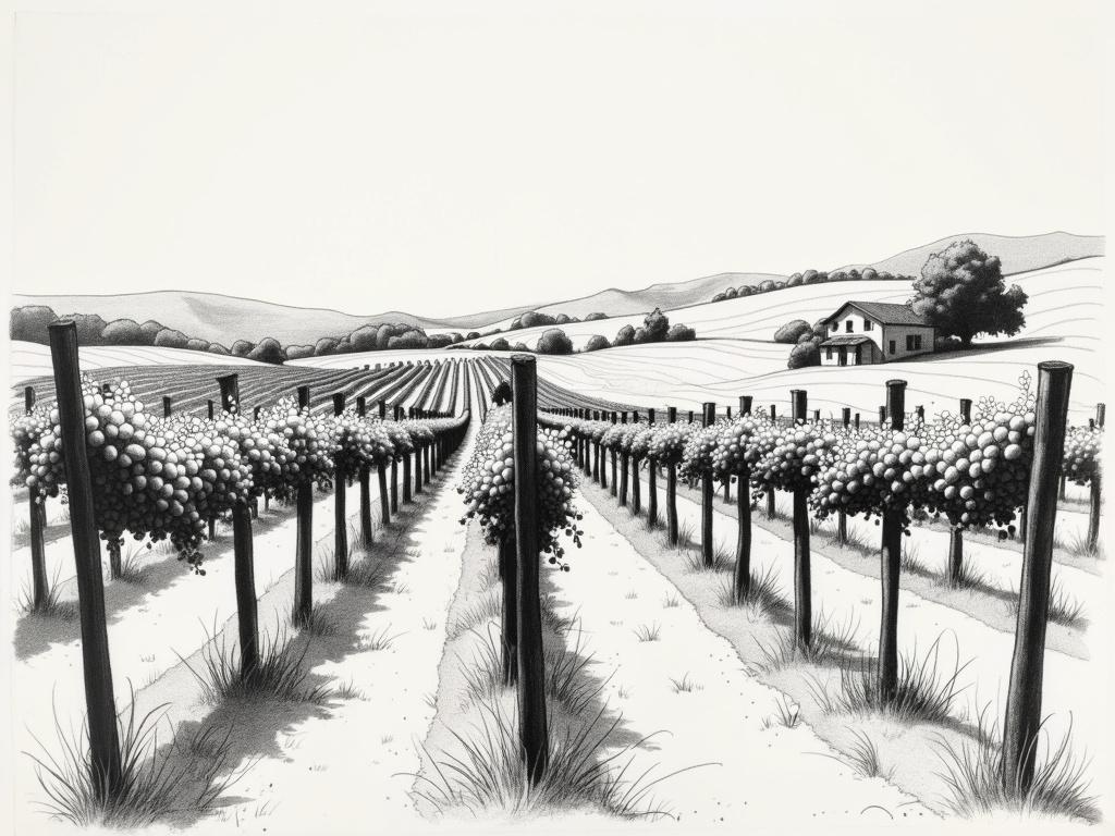 A minimalist sketch of a vineyard with simple, straight sketchy lines