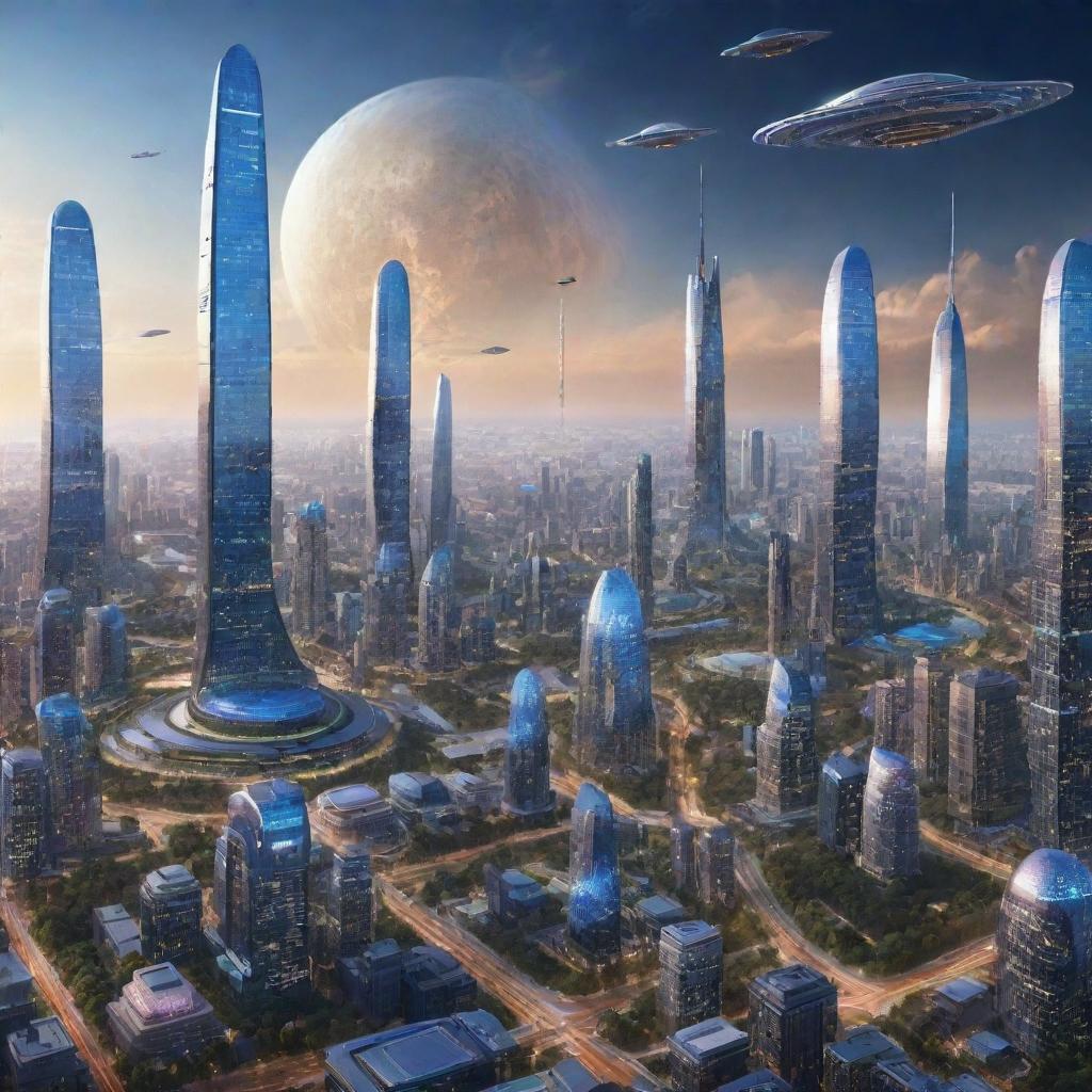 Envision a city in the year 7000, filled with extraordinary technological advancements, galaxy-spanning cities, unlimited exploration, and humans cohabiting with transcendentally evolved AI