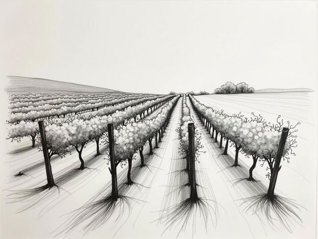 A minimalist vineyard sketch created entirely with pencil sketch marks