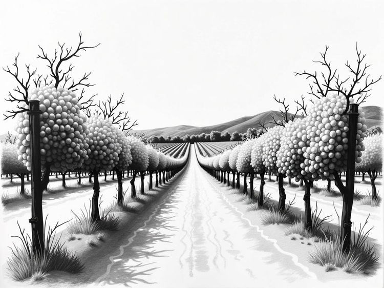 A highly abstract and minimalist vineyard sketch exclusively composed of very sketchy pencil marks