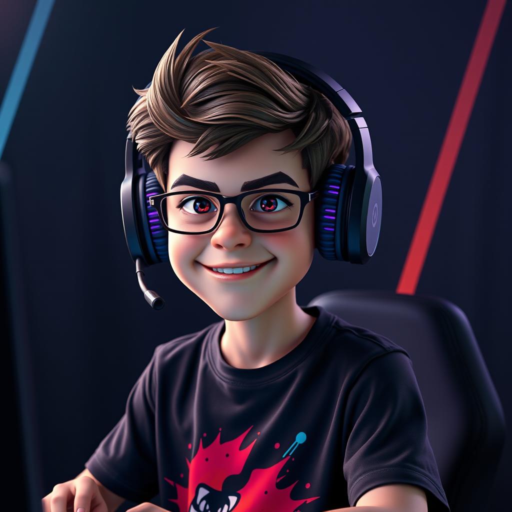 A 3D realistic caricature portrait of a young gamer, set against a dark background