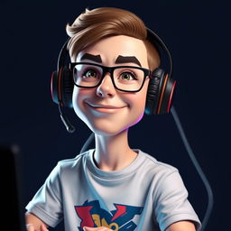 A 3D realistic caricature portrait of a young gamer, set against a dark background