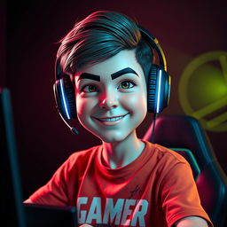 A 3D realistic caricature portrait of a young gamer, set against a dark background