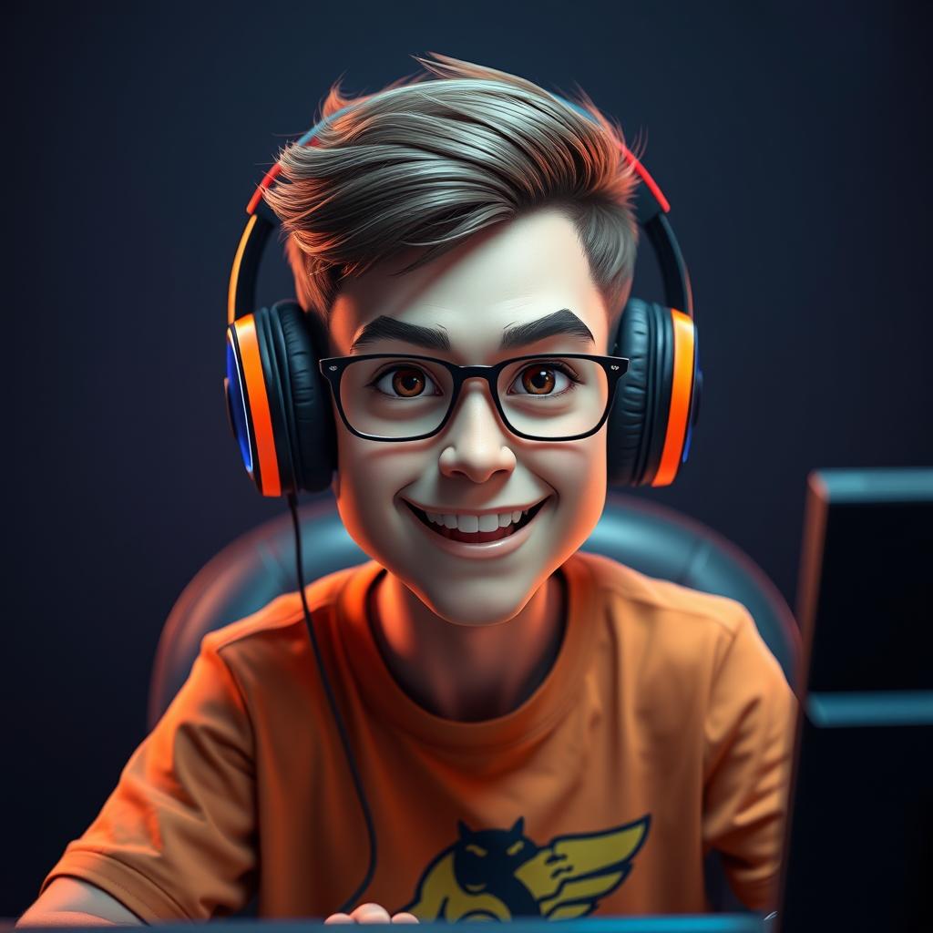 A 3D realistic caricature portrait of a young gamer, set against a dark background