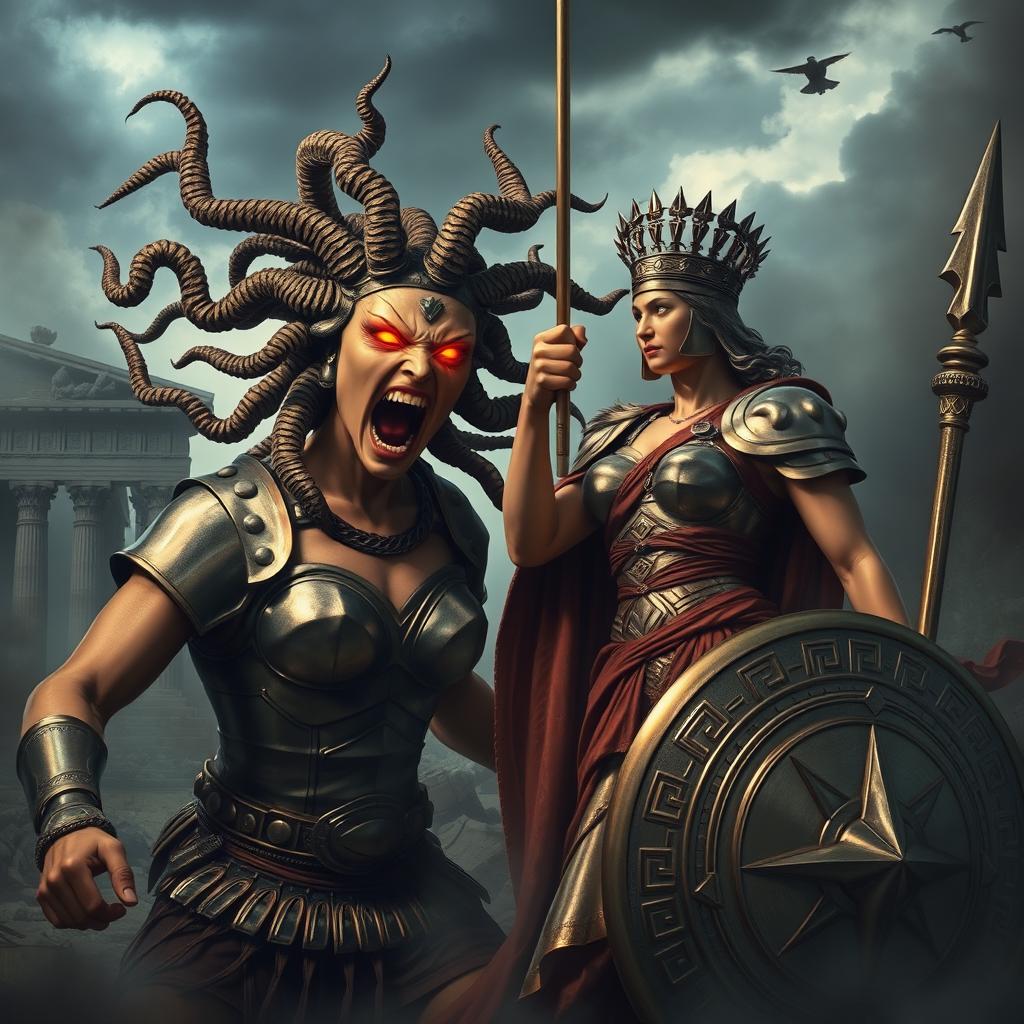 A fierce confrontation between Medusa and Athena in an ancient Greek setting