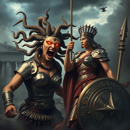 A fierce confrontation between Medusa and Athena in an ancient Greek setting