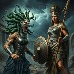 A fierce confrontation between Medusa and Athena in an ancient Greek setting