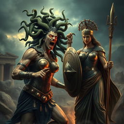 A fierce confrontation between Medusa and Athena in an ancient Greek setting