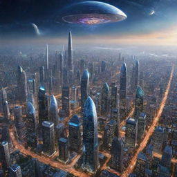 Envision a city in the year 7000, filled with extraordinary technological advancements, galaxy-spanning cities, unlimited exploration, and humans cohabiting with transcendentally evolved AI