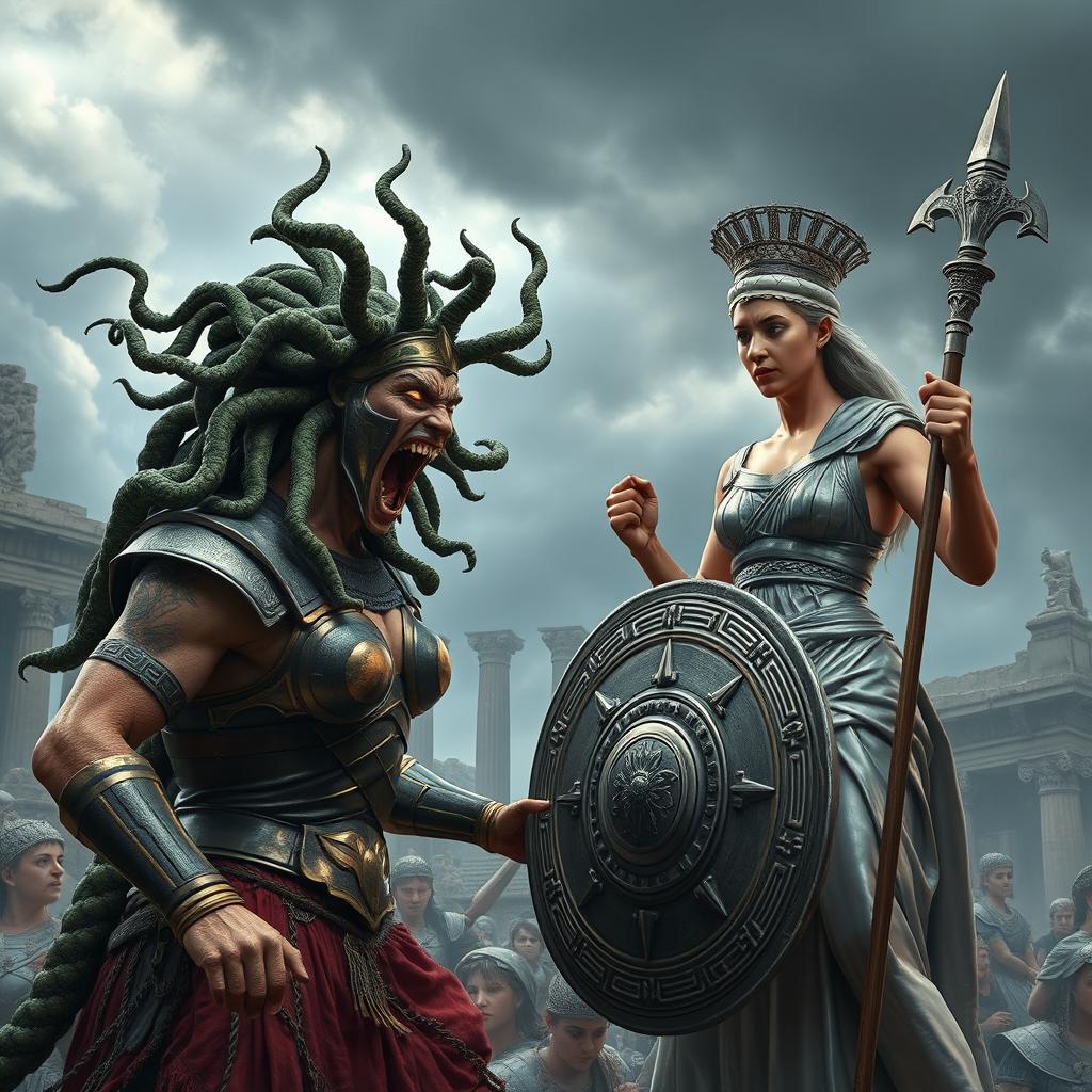 A fierce confrontation between Medusa and Athena in an ancient Greek setting