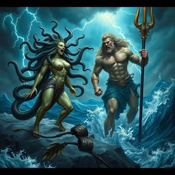 A stunning interpretation of Medusa, with flowing snakes for hair, her face full of emotion as she shouts at Poseidon