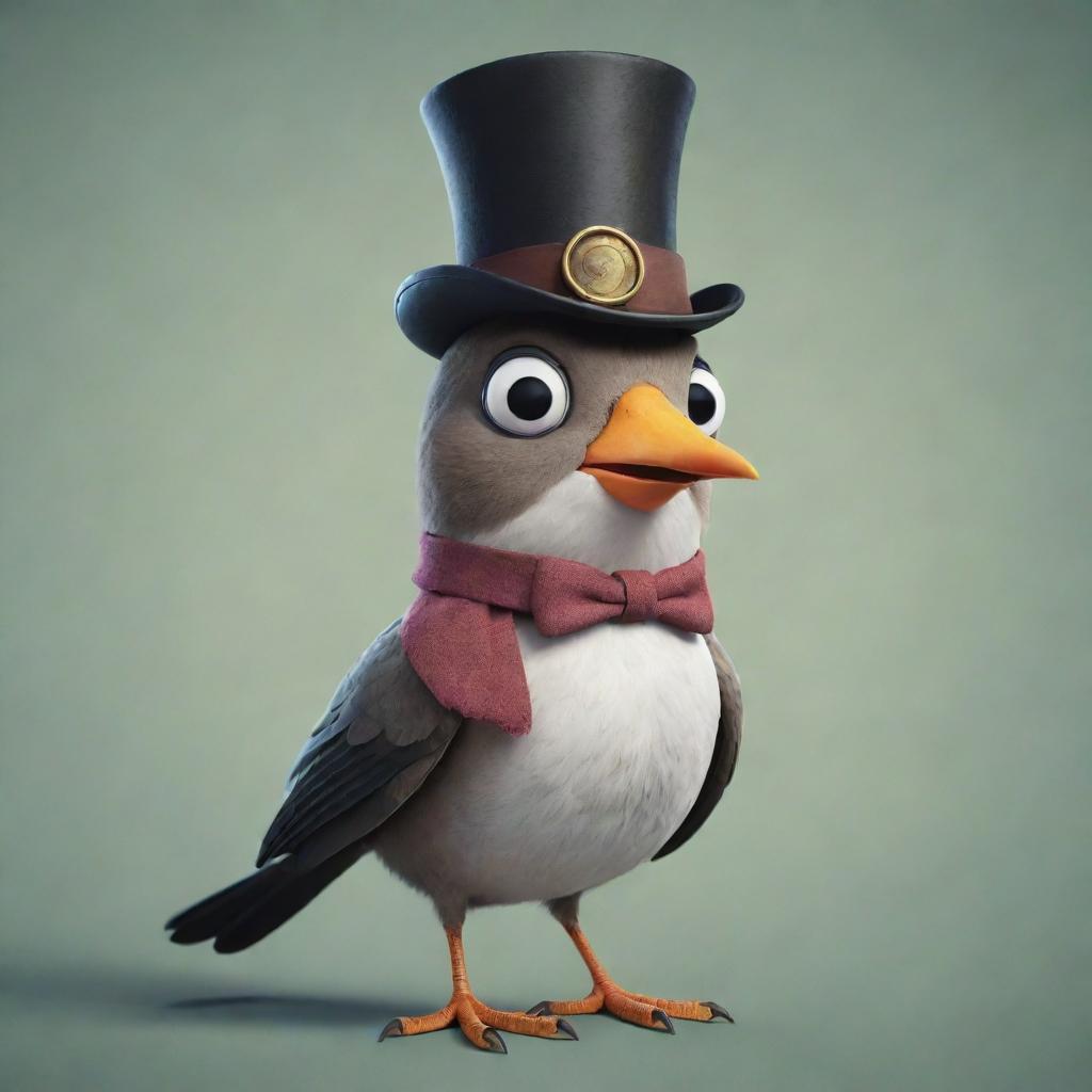 A wingless cartoon bird, adorned with stylish accessories such as a top hat, a monocle, and a scarf, chattering jovially in a lively animated environment