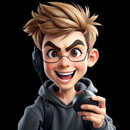 A 3D realistic caricature portrait of a young gamer holding a mouse