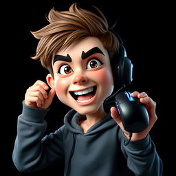 A 3D realistic caricature portrait of a young gamer holding a mouse