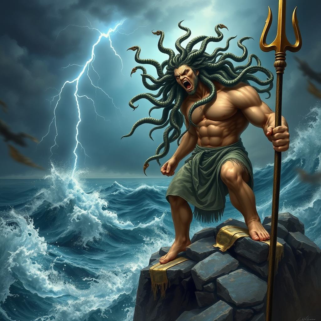 A stunning interpretation of Medusa, with flowing snakes for hair, her face full of emotion as she shouts at Poseidon