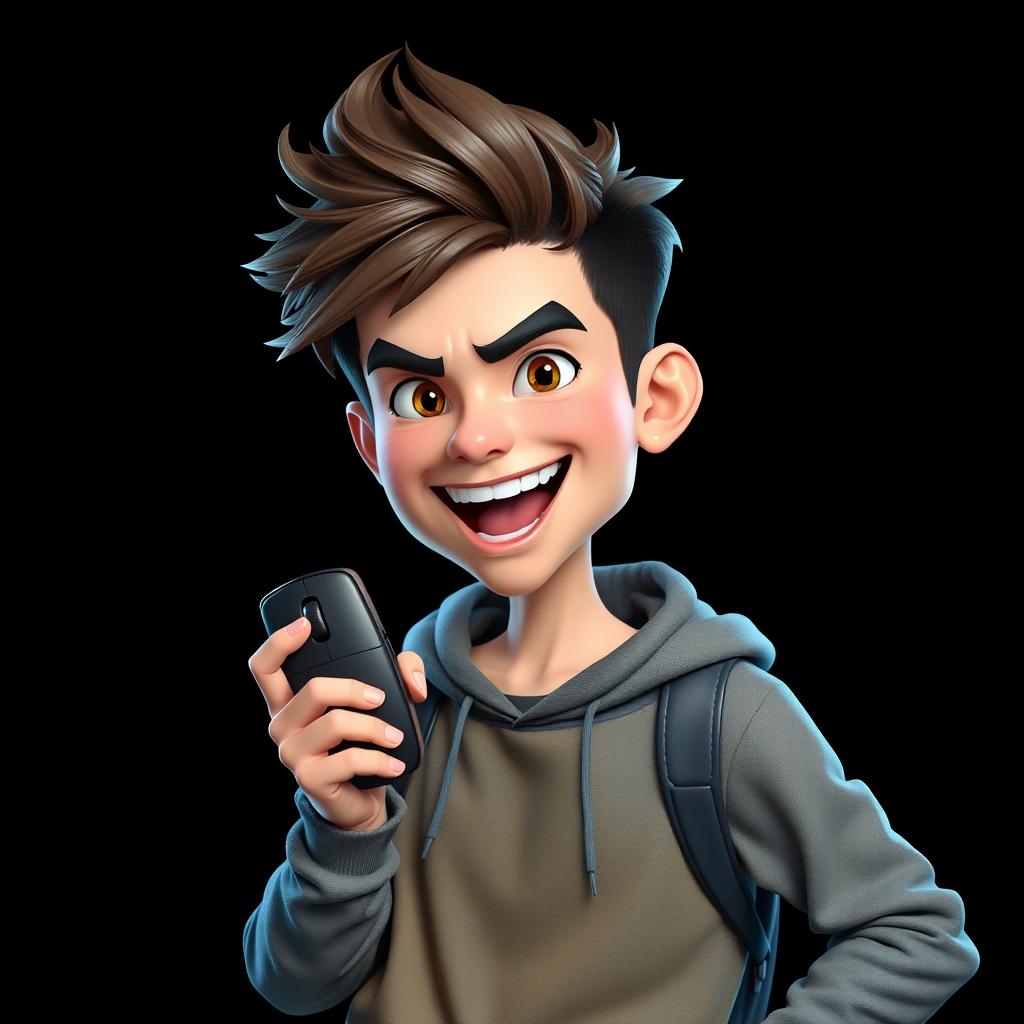 A 3D realistic caricature portrait of a young gamer holding a mouse