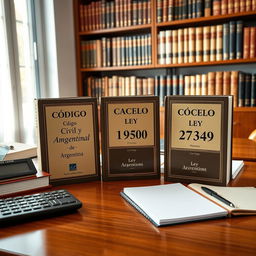 An image of a professional accounting office desk showcasing three prominent law books: one of Código Civil y Comercial de Argentina, one of Ley 19550, and one of Ley 27349