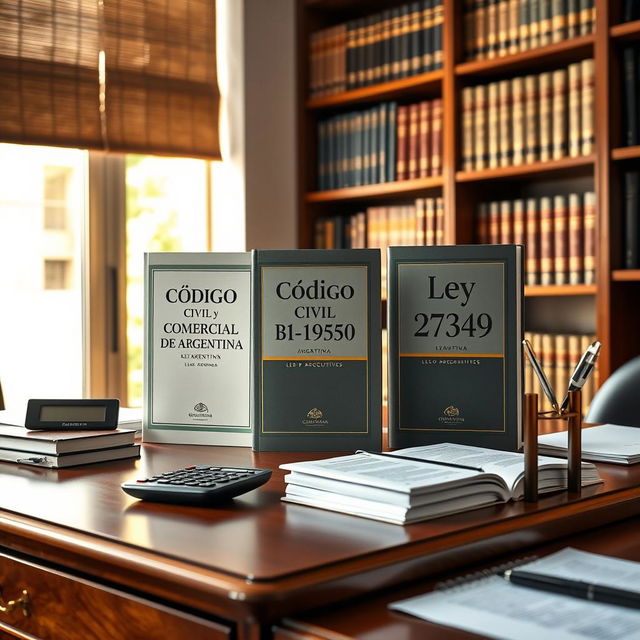 An image of a professional accounting office desk showcasing three prominent law books: one of Código Civil y Comercial de Argentina, one of Ley 19550, and one of Ley 27349