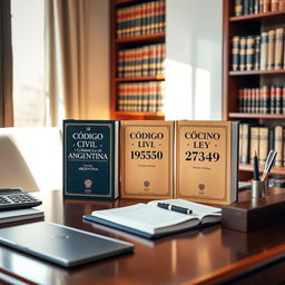 An image of a professional accounting office desk showcasing three prominent law books: one of Código Civil y Comercial de Argentina, one of Ley 19550, and one of Ley 27349