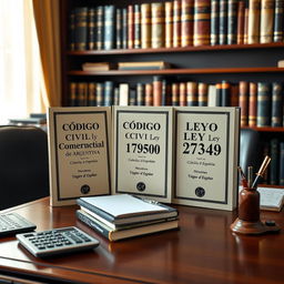 An image of a professional accounting office desk showcasing three prominent law books: one of Código Civil y Comercial de Argentina, one of Ley 19550, and one of Ley 27349