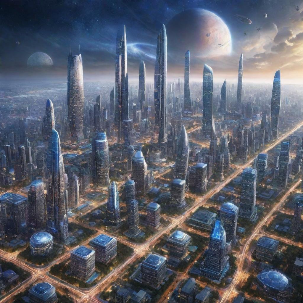 Envision a city in the year 7000, filled with extraordinary technological advancements, galaxy-spanning cities, unlimited exploration, and humans cohabiting with transcendentally evolved AI