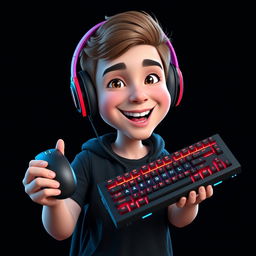 A 3D realistic caricature portrait of a young gamer holding a mouse and a backlit keyboard