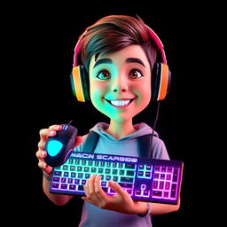 A 3D realistic caricature portrait of a young gamer holding a mouse and a backlit keyboard