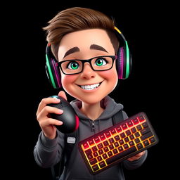 A 3D realistic caricature portrait of a young gamer holding a mouse and a backlit keyboard