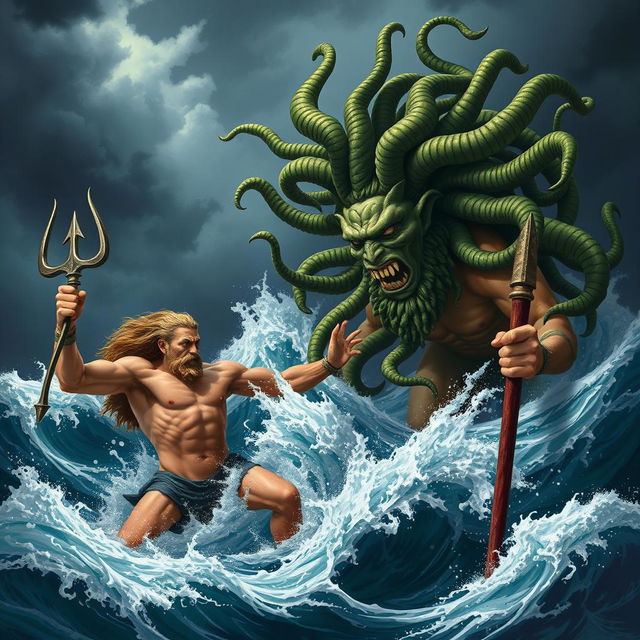 A dramatic scene depicting Medusa, with her snake-covered hair and a fierce expression, launching an attack on Poseidon, the Greek god of the sea