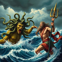 A dramatic scene depicting Medusa, with her snake-covered hair and a fierce expression, launching an attack on Poseidon, the Greek god of the sea