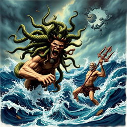 A dramatic scene depicting Medusa, with her snake-covered hair and a fierce expression, launching an attack on Poseidon, the Greek god of the sea