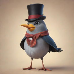 A wingless cartoon bird, adorned with stylish accessories such as a top hat, a monocle, and a scarf, chattering jovially in a lively animated environment