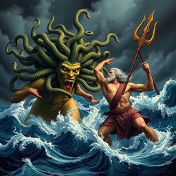 A dramatic scene depicting Medusa, with her snake-covered hair and a fierce expression, launching an attack on Poseidon, the Greek god of the sea