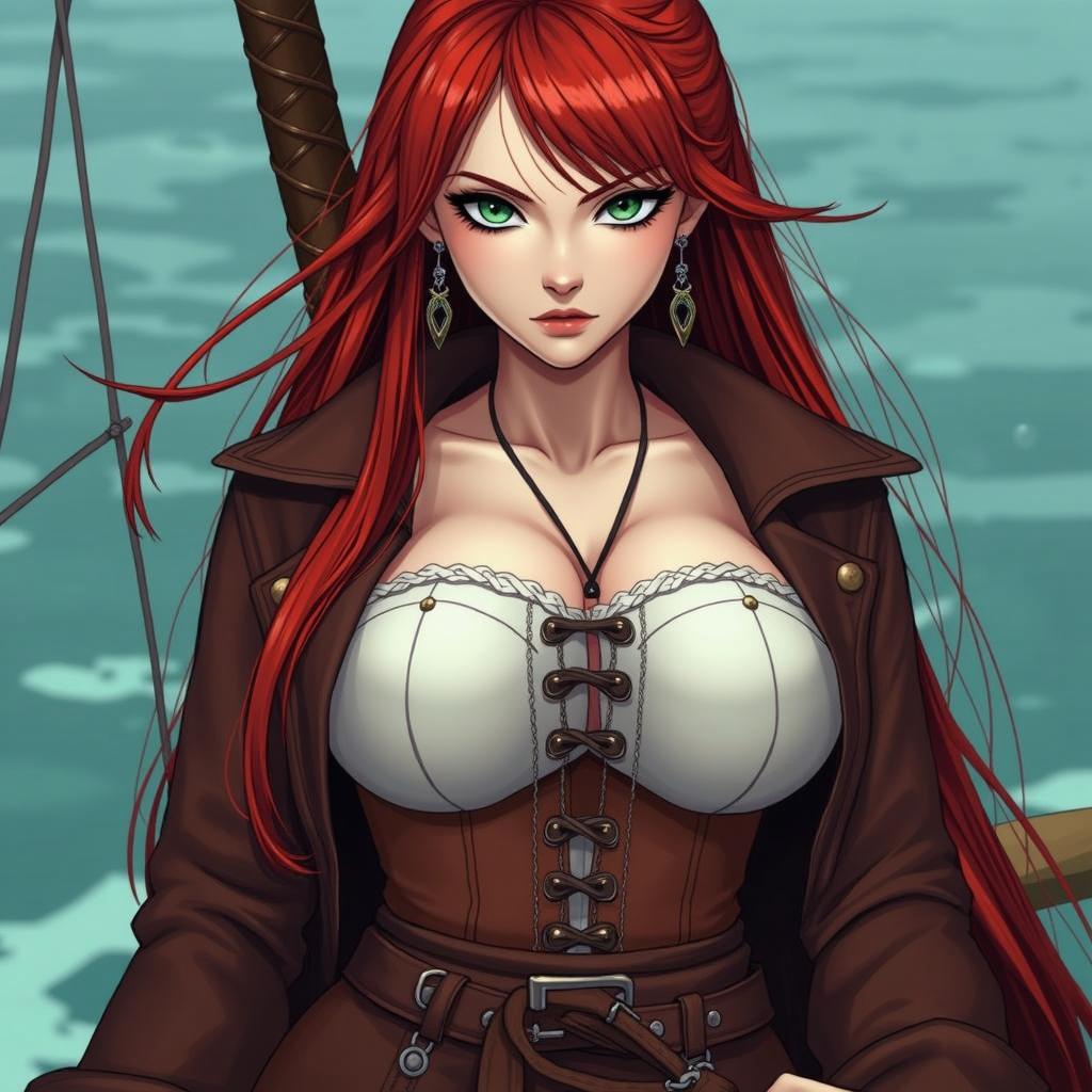 A striking, bold female pirate with long, flowing red hair and vibrant green eyes