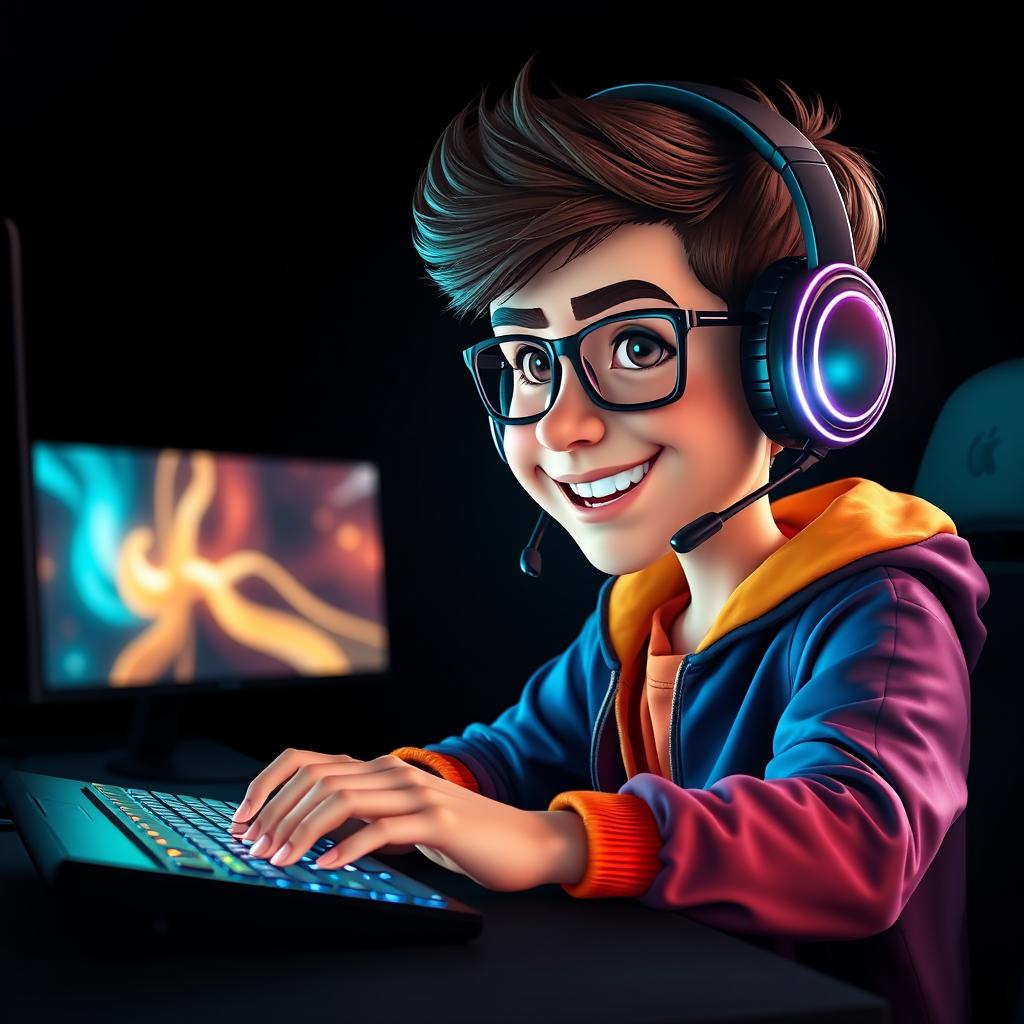 A 3D realistic caricature portrait of a young gamer actively using a mouse and a backlit keyboard