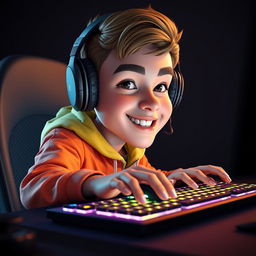 A 3D realistic caricature portrait of a young gamer actively using a mouse and a backlit keyboard