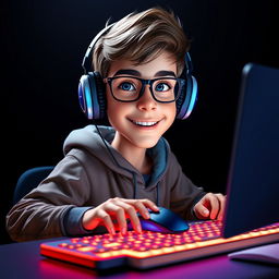 A 3D realistic caricature portrait of a young gamer actively using a mouse and a backlit keyboard