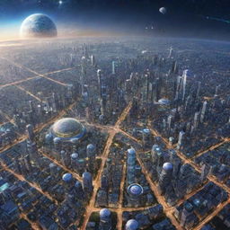 Envision a city in the year 7000, filled with extraordinary technological advancements, galaxy-spanning cities, unlimited exploration, and humans cohabiting with transcendentally evolved AI