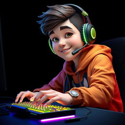 A 3D realistic caricature portrait of a young gamer actively using a mouse and a backlit keyboard