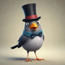 A wingless cartoon bird, adorned with stylish accessories such as a top hat, a monocle, and a scarf, chattering jovially in a lively animated environment