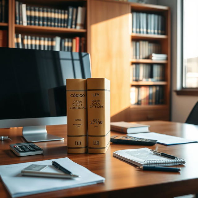 An image of a professional accounting office desk featuring a modern computer, alongside three prominent legal books: Código Civil y Comercial de Argentina, Ley 19550, and Ley 27349, each placed neatly on the desk