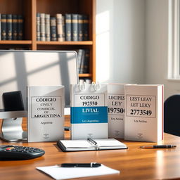 An image of a professional accounting office desk featuring a modern computer, alongside three prominent legal books: Código Civil y Comercial de Argentina, Ley 19550, and Ley 27349, each placed neatly on the desk