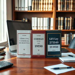 An image of a professional accounting office desk featuring a modern computer, alongside three prominent legal books: Código Civil y Comercial de Argentina, Ley 19550, and Ley 27349, each placed neatly on the desk